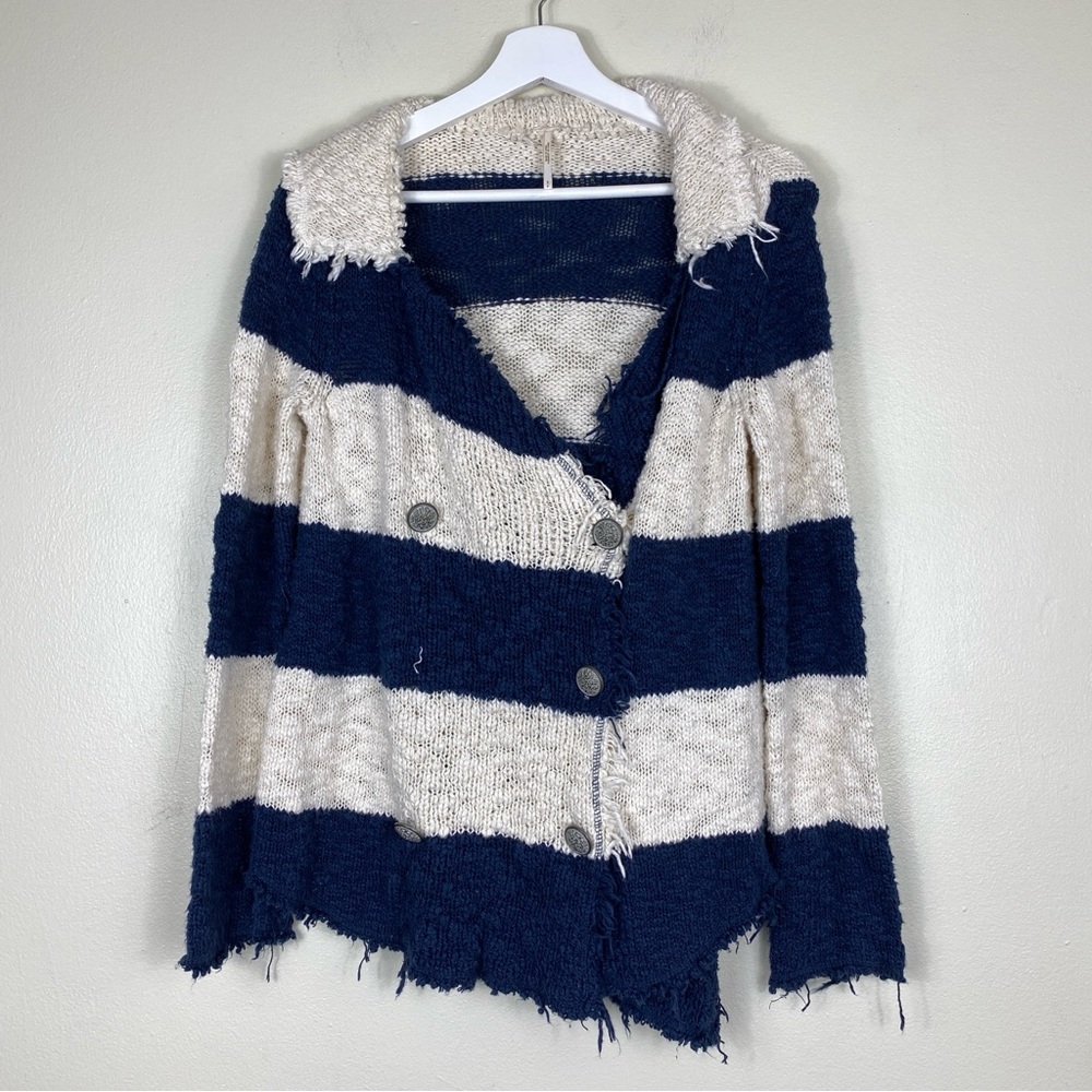 Free‎ People Blue and Cream Stripe Coat of Arms Jacket Cardigan Size S
